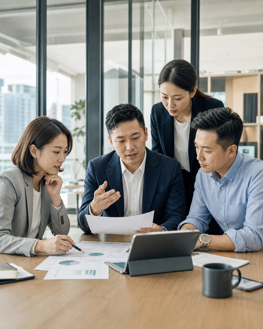 企業團隊於現代辦公空間共同討論工作安排